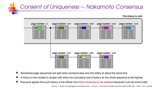 Consent of Uniqueness ∼ Nakamoto Consensus
page number : n page number : n+1 page number : n+2 page number : n+3
page number : n+1 page number : n+2 page number : n+3
page number : n+4
This history is valid
Sometimes page sequences are split when someone else wins the lottery at about the same time
A history is the hardest to tamper with when the cumulative cost of lottery for the whole sequence is the highest
Everyone agrees that such history is the ofﬁcial one (strict consensus is not achieved because it can be overturned)
Lecture 7 : Basics of Cryptography and Blockchain — FinTech — Financial Innovation and the Internet 2023 Fall — 2023-11-24 – p.38/40

