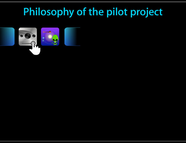 Philosophy of the pilot project
OR
Touch Gesture Reference Guide
Press
Double tap
Tap
Press
and
drag
Drag
Press
and tap,
then drag
1 2
Press
and tap
Multi-finger
tap
1 2
