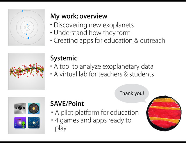 0.125 AU
My work: overview
Systemic
• A tool to analyze exoplanetary data
• A virtual lab for teachers & students
SAVE/Point
• A pilot platform for education
• 4 games and apps ready to
play
• Discovering new exoplanets
• Understand how they form
• Creating apps for education & outreach
0.0 0.5 1.0 1.5 2.0 2.5 3.0
-5 0 5 10
Time [JD]
RV, Planet b [m/s]
Q01 KECK APF
0 1 2 3 4 5 6 7
-10 -5 0 5
Time [JD]
RV, Planet c [m/s]
Q01 KECK APF
-10 -5 0 5 10
RV, Planet f [m/s]
Q01 KECK APF
0 20 40 60 80
-10 -5 0 5 10
Time [JD]
RV, Planet g [m/s]
Q01 KECK APF
0 500 1000 1500 2000
-10 -5 0 5 10
Time [JD]
RV, Planet h [m/s]
Q01 KECK APF
-5 0 5
Residuals [m/s]
Thank you!
