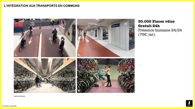 © innovation copilots 2022
L’INTÉGRATION AUX TRANSPORTS EN COMMUNS
Gare de Utrecht
1. 2.
3. 4.
30.000 Places vélos
Gratuit 24h
Présence humaine 24/24
(75€ /an)
