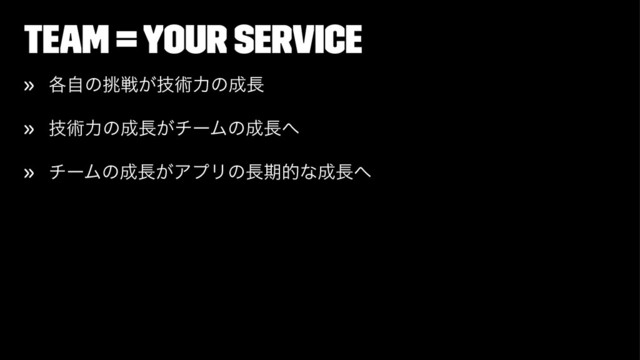 Team = Your service
» ֤ࣗͷ௅ઓ͕ٕज़ྗͷ੒௕
» ٕज़ྗͷ੒௕͕νʔϜͷ੒௕΁
» νʔϜͷ੒௕͕ΞϓϦͷ௕ظతͳ੒௕΁
