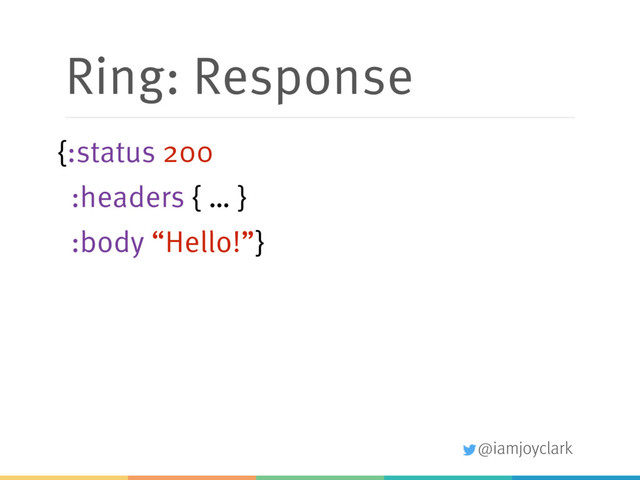 @iamjoyclark
Ring: Response
{:status 200
:headers { … } 
:body “Hello!”}
