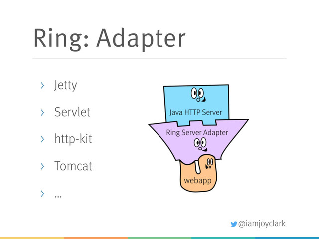 @iamjoyclark
Ring: Adapter
> Jetty
> Servlet
> http-kit
> Tomcat
> …
