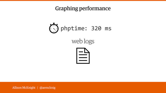 Allison McKnight | @aemcknig
Graphing performance
:	  320	  ms
web logs
phptime
