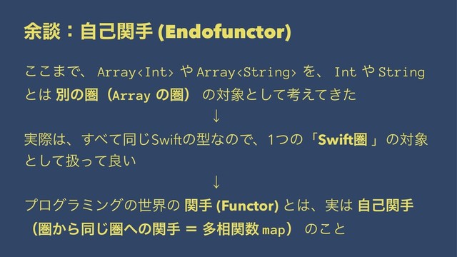 ༨ஊɿࣗݾؔख (Endofunctor)
͜͜·Ͱɺ Array ΍ Array Λɺ Int ΍ String
ͱ͸ ผͷݍʢArray ͷݍʣ ͷର৅ͱͯ͠ߟ͖͑ͯͨ
ɹɹɹɹɹɹɹɹɹɹɹɹɹˣ
࣮ࡍ͸ɺ͢΂ͯಉ͡SwiftͷܕͳͷͰɺ1ͭͷʮSwiftݍ ʯͷର৅
ͱͯ͠ѻͬͯྑ͍
ɹɹɹɹɹɹɹɹɹɹɹɹɹˣ
ϓϩάϥϛϯάͷੈքͷ ؔख (Functor) ͱ͸ɺ࣮͸ ࣗݾؔख
ʢݍ͔Βಉ͡ݍ΁ͷؔख ʹ ଟ૬ؔ਺ mapʣ ͷ͜ͱ

