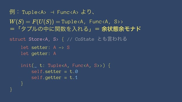 ྫɿ Tuple<a> ⊣ Func</a><a> ΑΓɺ
Tuple</a><a>>
ʹʮλϓϧͷதʹؔ਺ΛೖΕΔʯʹ ༨ঢ়ଶ༨Ϟφυ
struct Store</a><a> { // CoState ͱ΋ݴΘΕΔ
let setter: A -> S
let getter: A
init(_ t: Tuple</a><a>>) {
self.setter = t.0
self.getter = t.1
}
}
</a>