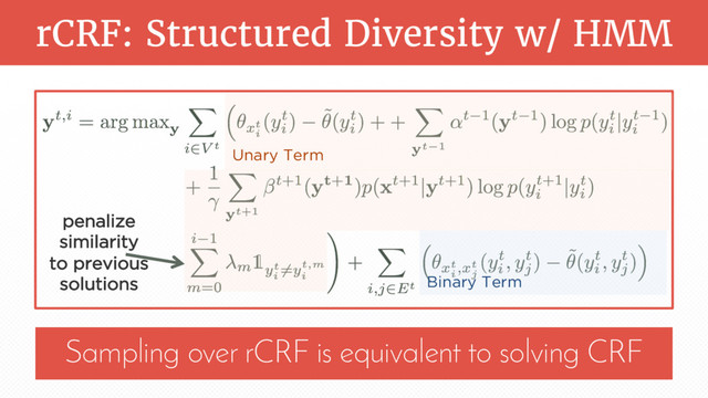 rCRF: Structured Diversity w/ HMM
Sampling over rCRF is equivalent to solving CRF
Binary Term
Unary Term
penalize
similarity
to previous
solutions
