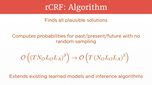 Computes probabilities for past/present/future with no
random sampling
rCRF: Algorithm
O
⇣
(TNOLOLA)3
⌘
! O
⇣
T (NOLOLA)3
⌘
Finds all plausible solutions
Extends existing learned models and inference algorithms

