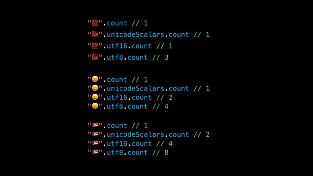 "཮".count // 1
"཮".unicodeScalars.count // 1
"཮".utf16.count // 1
"཮".utf8.count // 3
"".count // 1
"".unicodeScalars.count // 1
"".utf16.count // 2
"".utf8.count // 4
")".count // 1
")".unicodeScalars.count // 2
")".utf16.count // 4
")".utf8.count // 8
