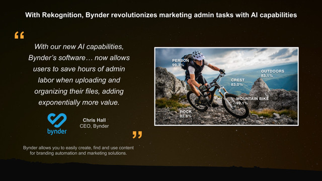Bynder allows you to easily create, find and use content
for branding automation and marketing solutions.
With our new AI capabilities,
Bynder’s software… now allows
users to save hours of admin
labor when uploading and
organizing their files, adding
exponentially more value.
Chris Hall
CEO, Bynder
”
“
With Rekognition, Bynder revolutionizes marketing admin tasks with AI capabilities
