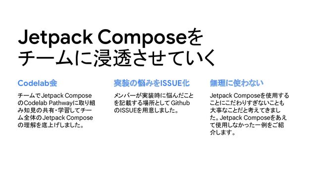 Jetpack Composeを使用する
ことにこだわりすぎないことも
大事なことだと考えてきまし
た。Jetpack Composeをあえ
て使用しなかった一例をご紹
介します。
実装の悩みをISSUE化
Jetpack Composeを
チームに浸透させていく
チームでJetpack Compose
のCodelab Pathwayに取り組
み知見の共有・学習してチー
ム全体のJetpack Compose
の理解を底上げしました。
メンバーが実装時に悩んだこと
を記載する場所として Github
のISSUEを用意しました。
Codelab会 無理に使わない
