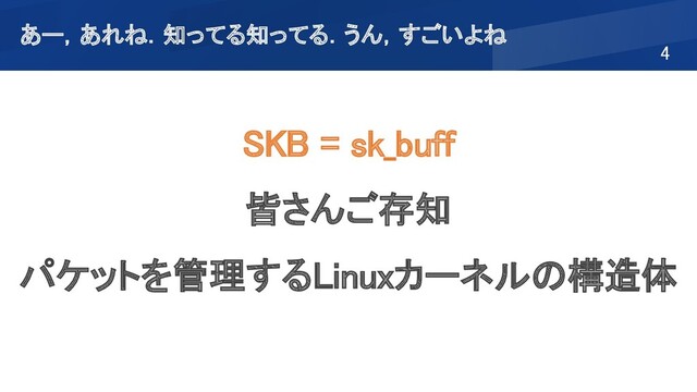 4 
SKB = sk_buff 
皆さんご存知 
パケットを管理するLinuxカーネルの構造体 
 
あー，あれね．知ってる知ってる．うん，すごいよね 
