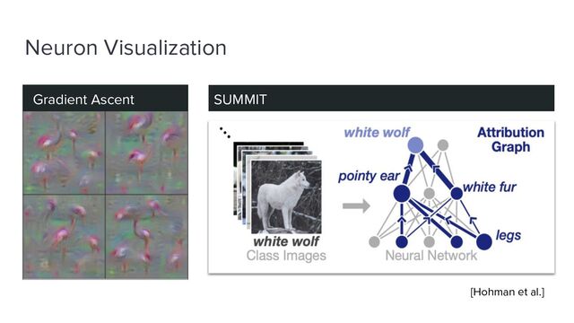 Neuron Visualization
Gradient Ascent Integrated Gradients
SUMMIT
[Hohman et al.]
