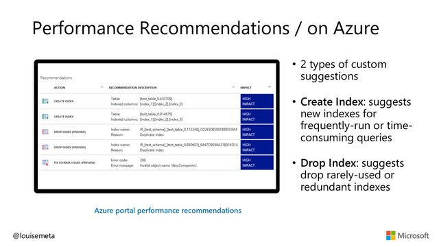 • 2 types of custom
suggestions
• Create Index: suggests
new indexes for
frequently-run or time-
consuming queries
• Drop Index: suggests
drop rarely-used or
redundant indexes
Performance Recommendations / on Azure
Azure portal performance recommendations
@louisemeta
