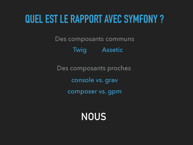 QUEL EST LE RAPPORT AVEC SYMFONY ?
Des composants communs
Twig Assetic
Des composants proches
console vs. grav
composer vs. gpm
NOUS
