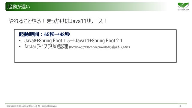 Copyright © Broadleaf Co., Ltd. All Rights Reserved. 8
起動が遅い
起動時間：65秒→48秒
• Java8+Spring Boot 1.5→Java11+Spring Boot 2.1
• fatJarライブラリの整理 (lombokとかのscope=providedも含まれていた)
やれることやる！きっかけはJava11リリース！
