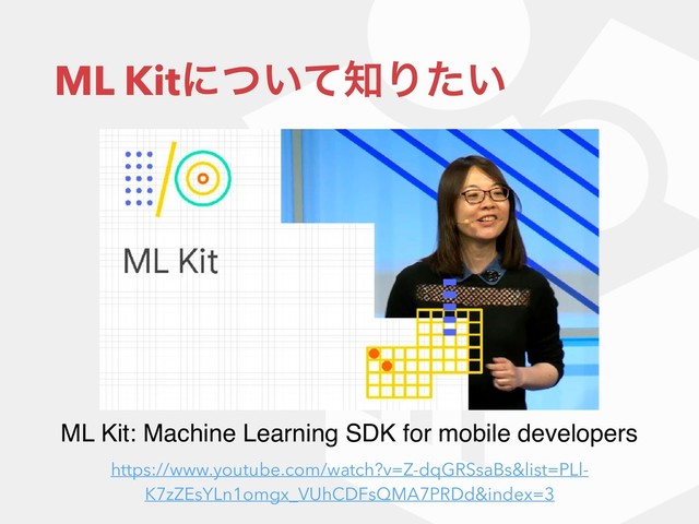 ML Kitʹ͍ͭͯ஌Γ͍ͨ
ML Kit: Machine Learning SDK for mobile developers
https://www.youtube.com/watch?v=Z-dqGRSsaBs&list=PLl-
K7zZEsYLn1omgx_VUhCDFsQMA7PRDd&index=3
