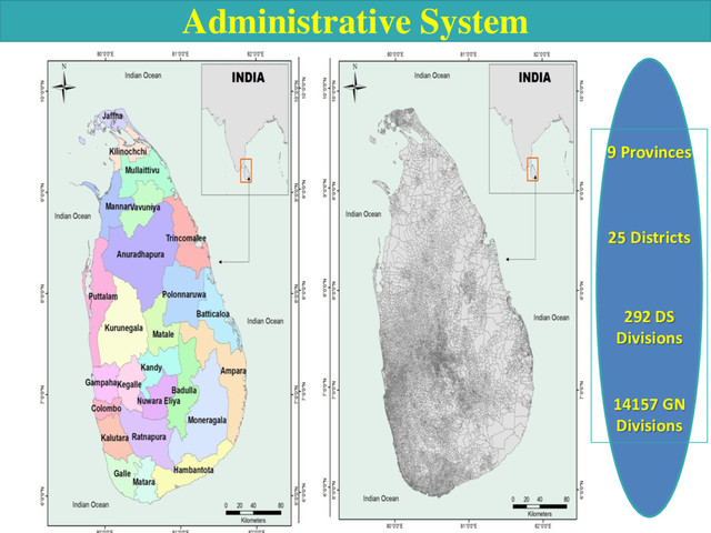 Administrative System
9 Provinces
25 Districts
292 DS
Divisions
14157 GN
Divisions

