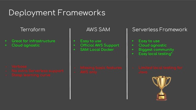 Deployment Frameworks
AWS SAM
Terraform
+ Easy to use
+ Official AWS Support
+ SAM Local Docker
- Missing basic features
- AWS only
+ Great for infrastructure
+ Cloud agnostic
- Verbose
- No extra Serverless support
- Steap learning curve
Serverless Framework
+ Easy to use
+ Cloud agnostic
+ Biggest community
+ Easy local testing*
- Limited local testing for
Java
