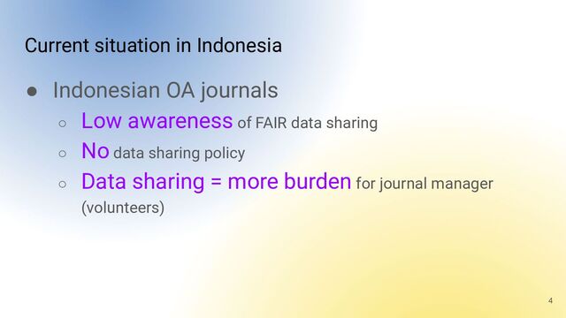 Current situation in Indonesia
● Indonesian OA journals
○ Low awareness of FAIR data sharing
○ No data sharing policy
○ Data sharing = more burden for journal manager
(volunteers)
4
