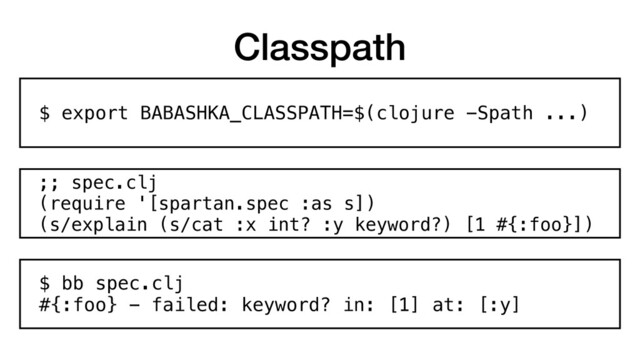 Classpath
;; spec.clj 
(require '[spartan.spec :as s]) 
(s/explain (s/cat :x int? :y keyword?) [1 #{:foo}])
$ export BABASHKA_CLASSPATH=$(clojure -Spath ...)
$ bb spec.clj 
#{:foo} - failed: keyword? in: [1] at: [:y]
