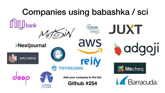 Companies using babashka / sci
Github #254
Add your company to the list:
