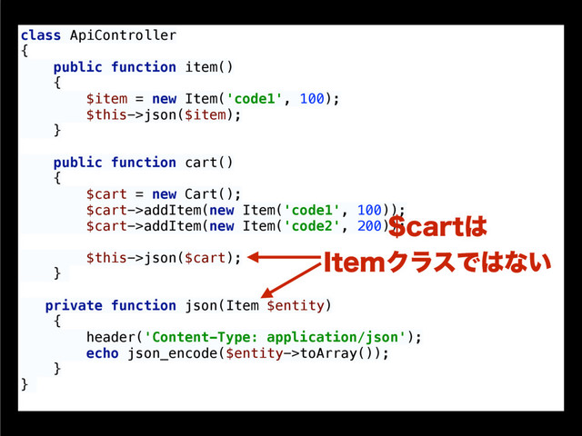 class ApiController 
{ 
public function item() 
{ 
$item = new Item('code1', 100); 
$this->json($item); 
} 
public function cart() 
{ 
$cart = new Cart(); 
$cart->addItem(new Item('code1', 100)); 
$cart->addItem(new Item('code2', 200)); 
 
$this->json($cart); 
}
private function json(Item $entity) 
{ 
header('Content-Type: application/json'); 
echo json_encode($entity->toArray()); 
} 
}
DBSU͸ 
*UFNΫϥεͰ͸ͳ͍
