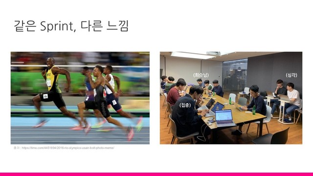 같은 Sprint, 다른 느낌
출처 : https://time.com/4451894/2016-rio-olympics-usain-bolt-photo-meme/
(집중)
(심각)
(희승님)
