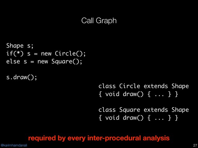 @karimhamdanali
Call Graph
!27
class Circle extends Shape
{ void draw() { ... } }
class Square extends Shape
{ void draw() { ... } }
Shape s;
if(*) s = new Circle();
else s = new Square();
s.draw();
required by every inter-procedural analysis
