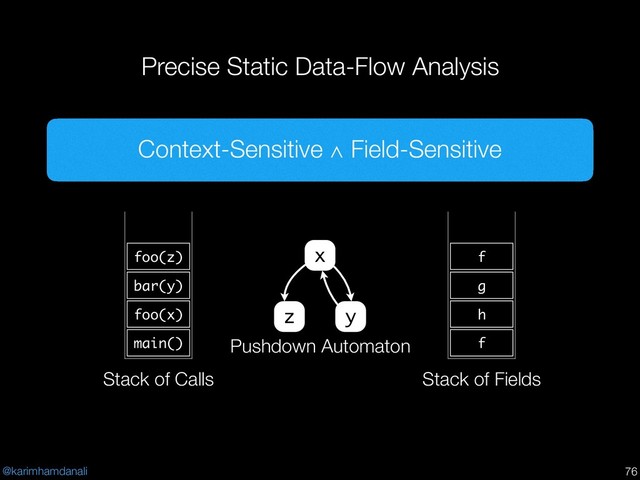 @karimhamdanali
Precise Static Data-Flow Analysis
!76
x
z y
Pushdown Automaton
main()
foo(x)
bar(y)
foo(z)
Stack of Calls
f
h
g
f
Stack of Fields
Context-Sensitive ∧ Field-Sensitive
