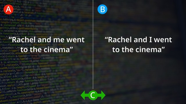 “Rachel and me went
to the cinema”
“Rachel and I went
to the cinema”
A B
C
