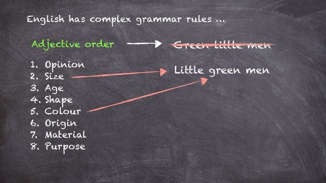 1. Opinion
2. Size
3. Age
4. Shape
5. Colour
6. Origin
7. Material
8. Purpose
English has complex grammar rules …
Adjective order Green little men
Little green men
