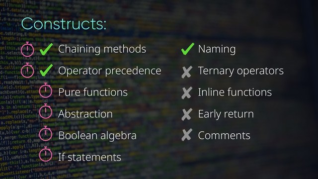 Constructs:
Chaining methods
Operator precedence
Pure functions
Abstraction
Boolean algebra
If statements
Naming
Ternary operators
Inline functions
Early return
Comments
