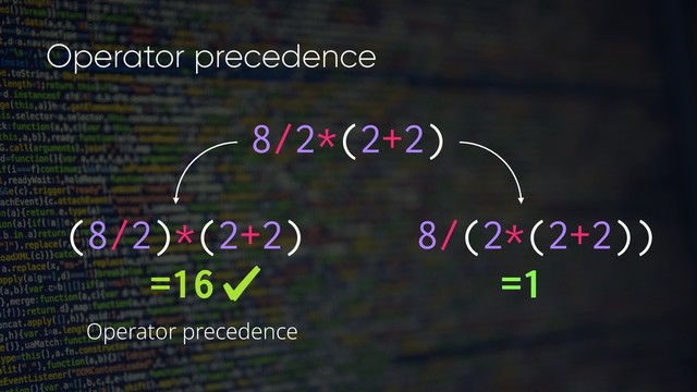 8/2*(2+2)
(8/2)*(2+2)
=16
8/(2*(2+2))
=1
Operator precedence
Operator precedence
