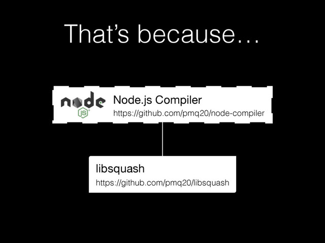 That’s because…
https://github.com/pmq20/libsquash
libsquash
https://github.com/pmq20/node-compiler
Node.js Compiler
