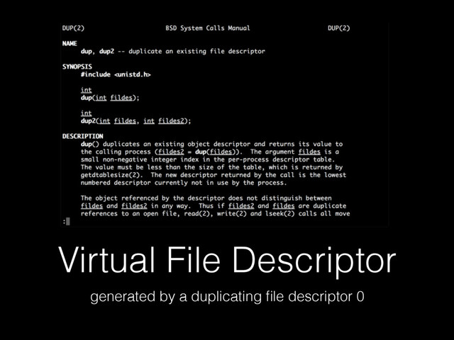 Virtual File Descriptor
generated by a duplicating ﬁle descriptor 0
