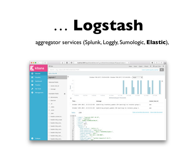 … Logstash
aggregator services (Splunk, Loggly, Sumologic, Elastic),
