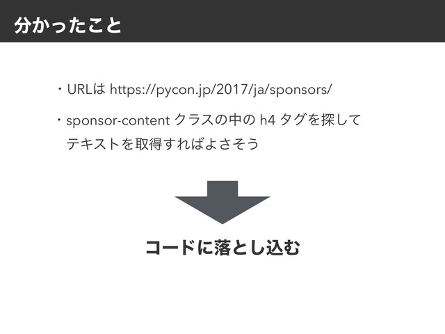 ෼͔ͬͨ͜ͱ
ɾURL͸ https://pycon.jp/2017/ja/sponsors/
ɾsponsor-content Ϋϥεͷதͷ h4 λάΛ୳ͯ͠
ɹςΩετΛऔಘ͢Ε͹Αͦ͞͏
ίʔυʹམͱ͠ࠐΉ
