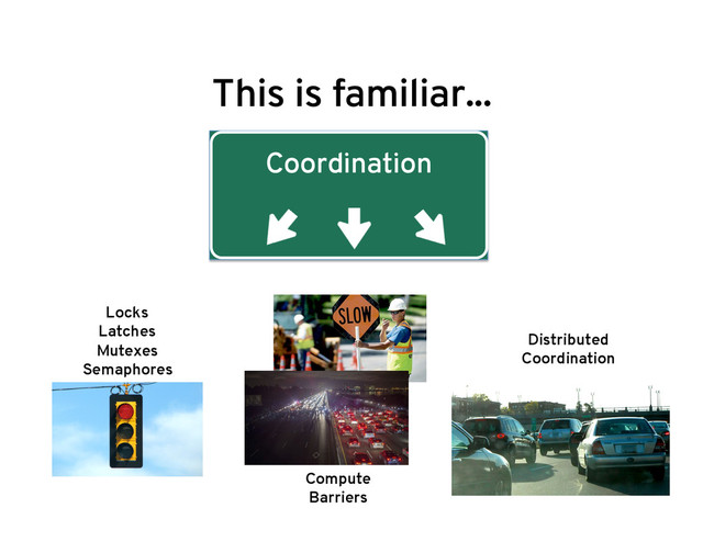 This is familiar...
Coordination
Locks
Latches
Mutexes
Semaphores
Compute
Barriers
Distributed
Coordination
