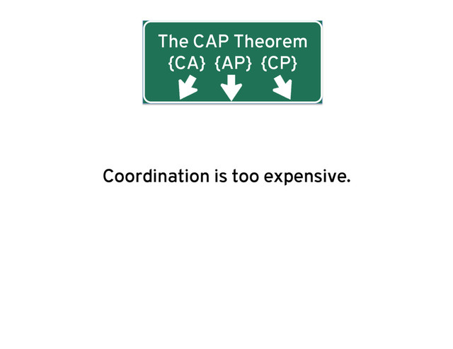 The CAP Theorem
{CA} {AP} {CP}
Coordination is too expensive.
