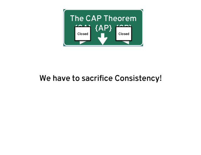 The CAP Theorem
{CA} {AP} {CP}
We have to sacriﬁce Consistency!
Closed Closed
