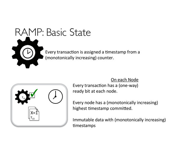 RAMP: Basic State
On	  each	  Node	  
Every	  transac-on	  has	  a	  (one-­‐way)	  	  
ready	  bit	  at	  each	  node.	  
	  
Every	  node	  has	  a	  (monotonically	  increasing)	  	  
highest	  -mestamp	  commiJed.	  
	  
Immutable	  data	  with	  (monotonically	  increasing)	  
-mestamps	  
Every	  transac-on	  is	  assigned	  a	  -mestamp	  from	  a	  
(monotonically	  increasing)	  counter.	  
T13	  
T13	  
✓	  
X=0	  
T10	  
X=1	  
T13	  
