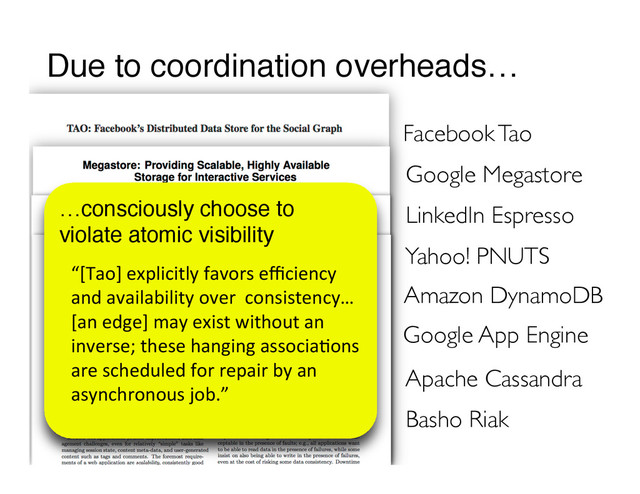 Facebook Tao
Google Megastore
LinkedIn Espresso
Due to coordination overheads…
Amazon DynamoDB
Apache Cassandra
Basho Riak
Yahoo! PNUTS
…consciously choose to
violate atomic visibility
“[Tao]	  explicitly	  favors	  eﬃciency	  
and	  availability	  over	  	  consistency…
[an	  edge]	  may	  exist	  without	  an	  
inverse;	  these	  hanging	  associa-ons	  
are	  scheduled	  for	  repair	  by	  an	  
asynchronous	  job.”	  
Google App Engine
