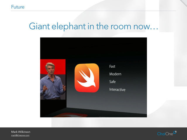 Mark Wilkinson
mark@chaione.com
Giant elephant in the room now…
Future
