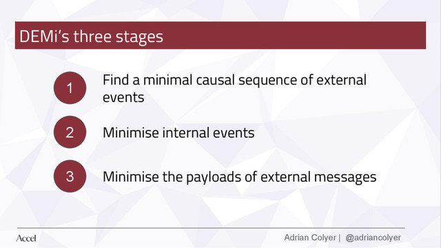 Adrian Colyer | @adriancolyer
1
2
3
Find a minimal causal sequence of external
events
Minimise internal events
Minimise the payloads of external messages
DEMi’s three stages
