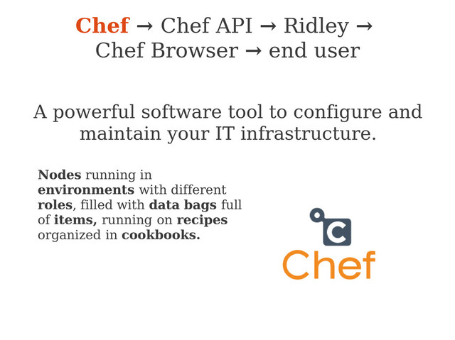 Chef → Chef API → Ridley →
Chef Browser → end user
Nodes running in
environments with different
roles, filled with data bags full
of items, running on recipes
organized in cookbooks.
A powerful software tool to configure and
maintain your IT infrastructure.
