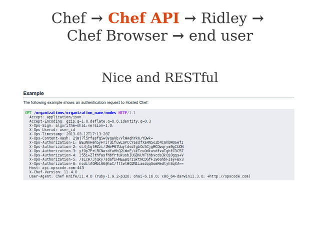 Chef → Chef API → Ridley →
Chef Browser → end user
Nice and RESTful
