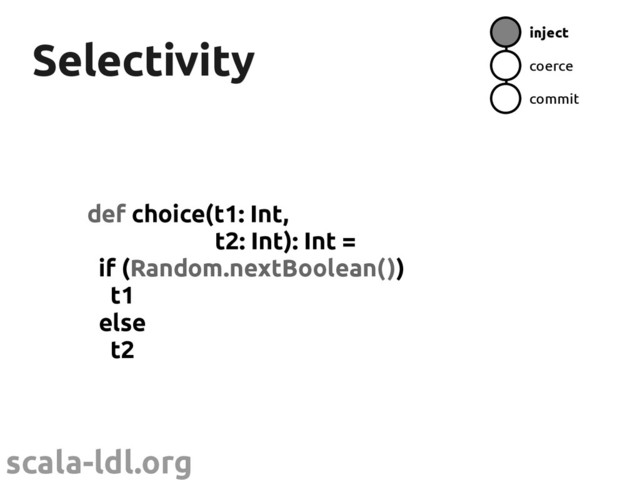 scala-ldl.org
Selectivity
Selectivity
def choice(t1: Int,
t2: Int): Int =
if (Random.nextBoolean())
t1
else
t2
inject
coerce
commit

