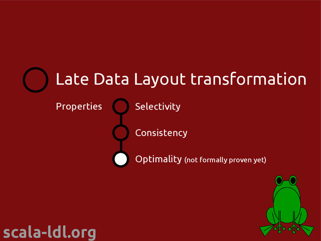 scala-ldl.org
Selectivity
Consistency
Optimality (not formally proven yet)
Properties
Late Data Layout transformation
