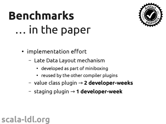 scala-ldl.org
Benchmarks
Benchmarks
…
… in the paper
in the paper
●
implementation effort
– Late Data Layout mechanism
●
developed as part of miniboxing
●
reused by the other compiler plugins
– value class plugin → 2 developer-weeks
– staging plugin → 1 developer-week
